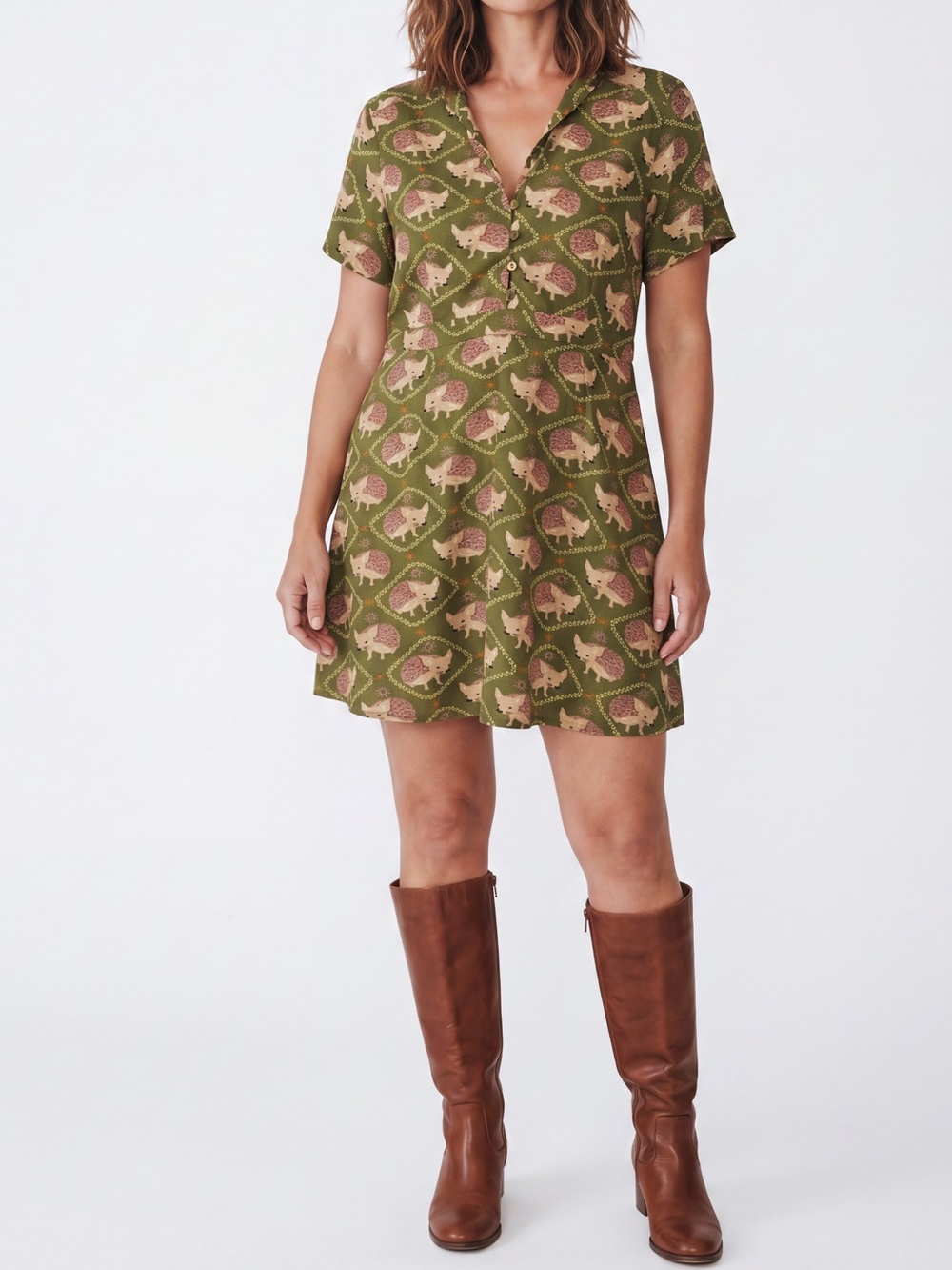 ModCloth Olive Hedgehog Print Mini Dress Mod Twee Whimsical Dopamine geek chic